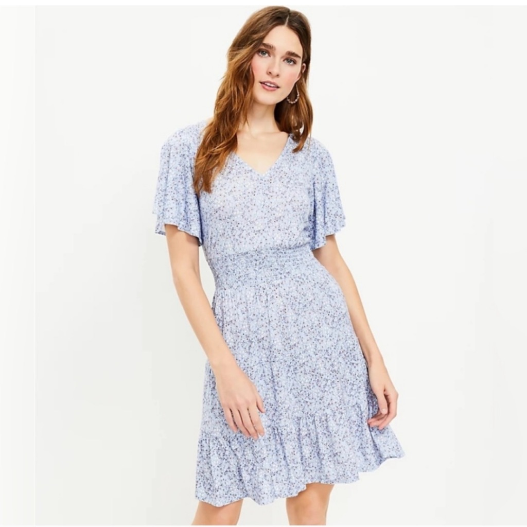 Loft Smocked Waist Tiered Dress Mp Short Sleeve Fit Flare Pm